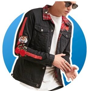 NWT Happiness embroidered black denim jacket L